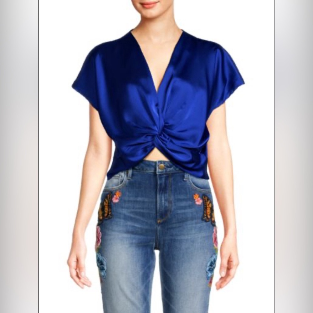 Renee C. Satin Twisted Crop Top in Blue, Size Medium